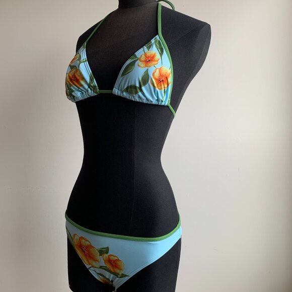 Billabong BLUE CRUSH era Vintage Blue & green floral triangle set RARE - Picture 6 of 7